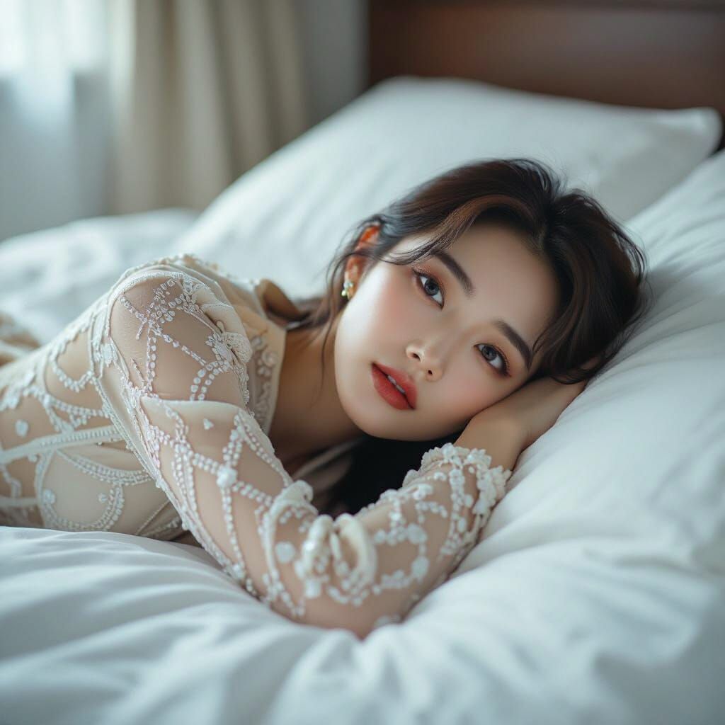 Cinematic Portrait of a Korean Woman on Bed