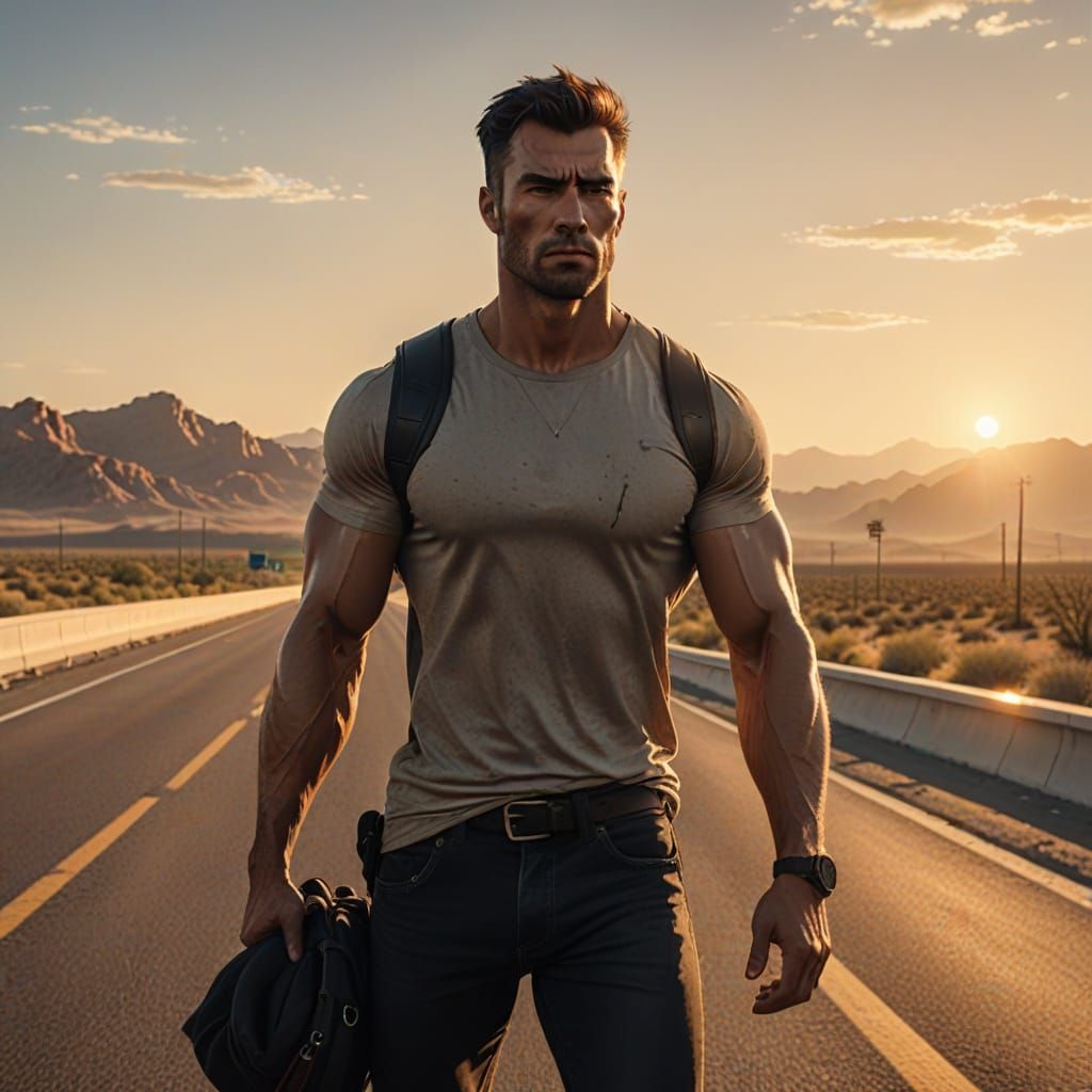 Muscular Man Hitchhiking at Golden Hour in Desert