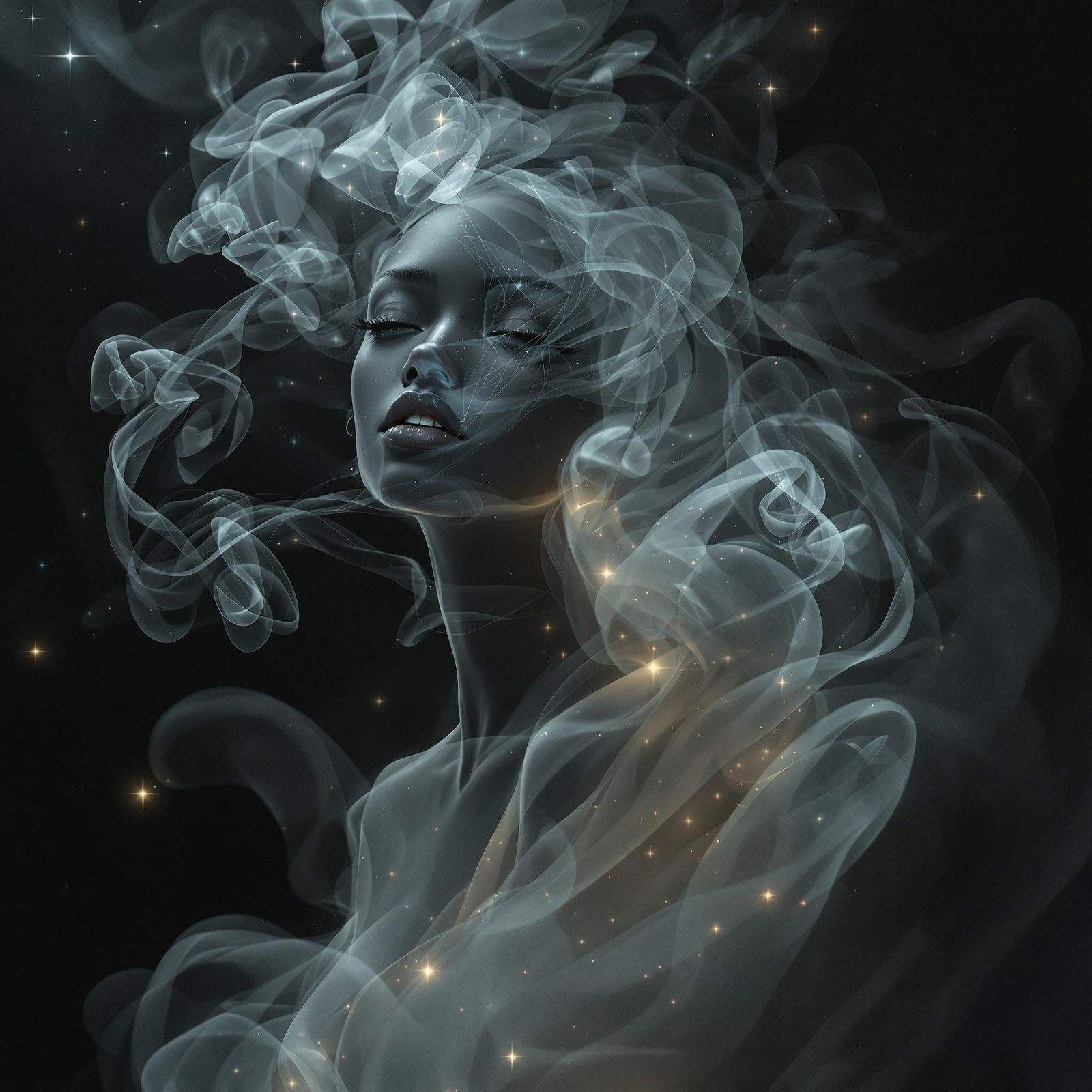 Ethereal Black Woman Materializing from Black Smoke