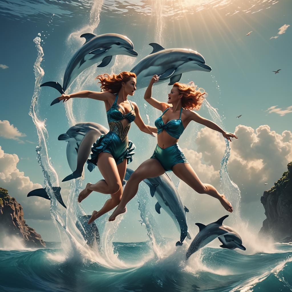 Pinup Women Playing with Dolphins in Fantasy Ocean