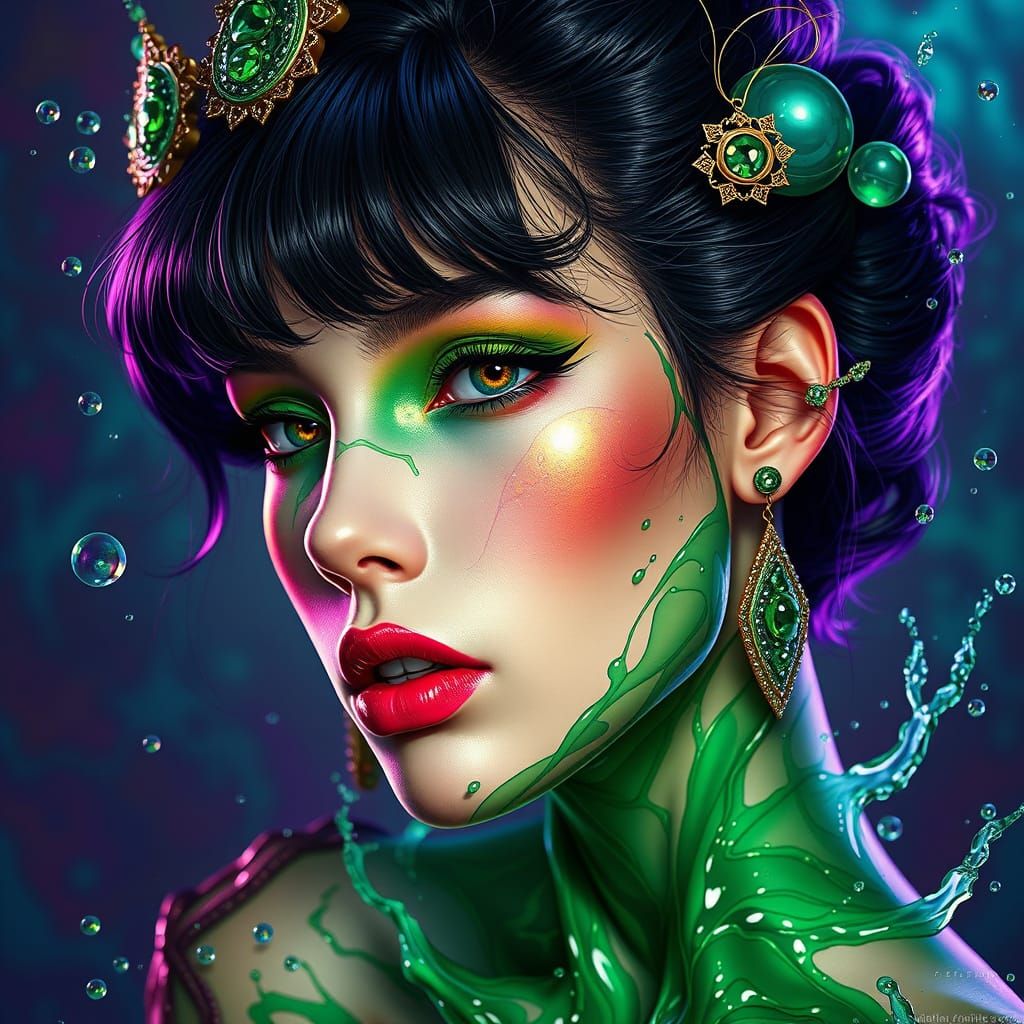 Futuristic Beauty in a Whimsical Malachite Realm