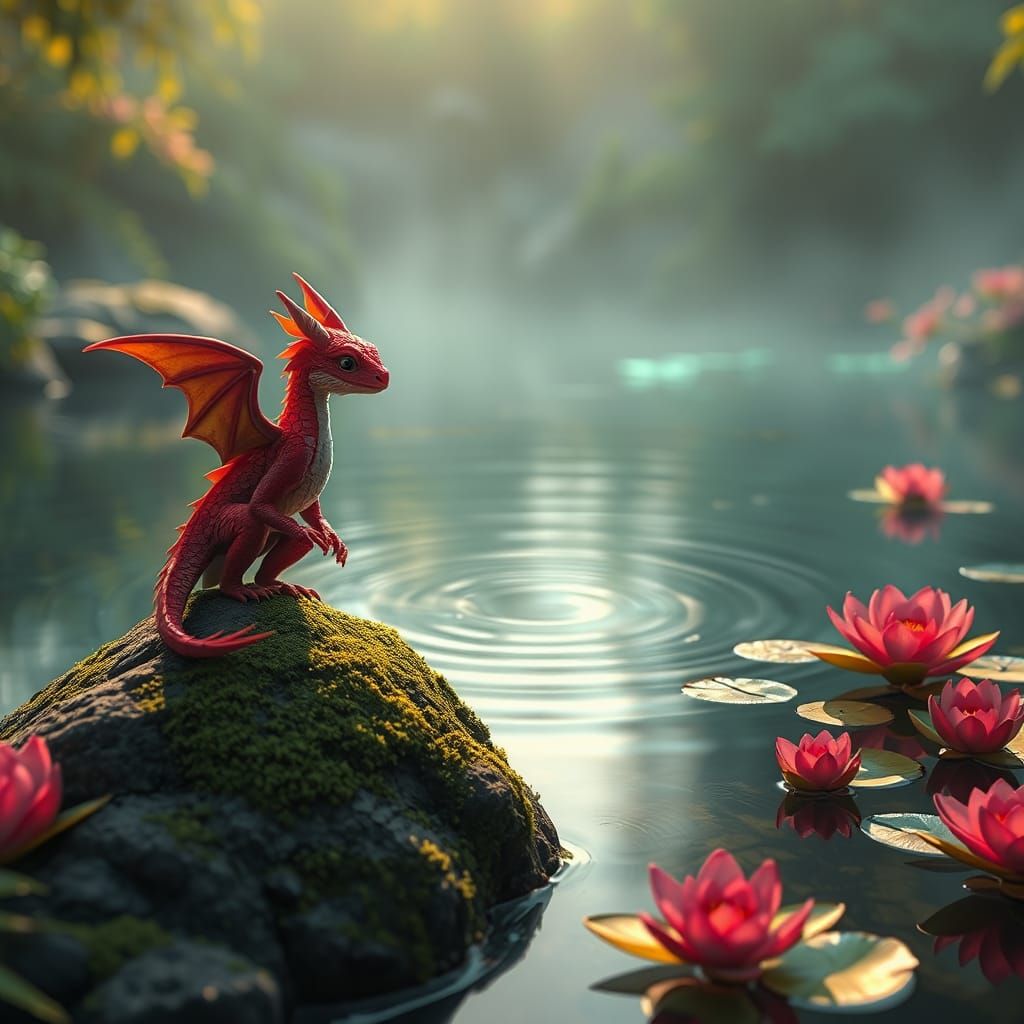 Iridescent Red Dragonet Gazing into Lake