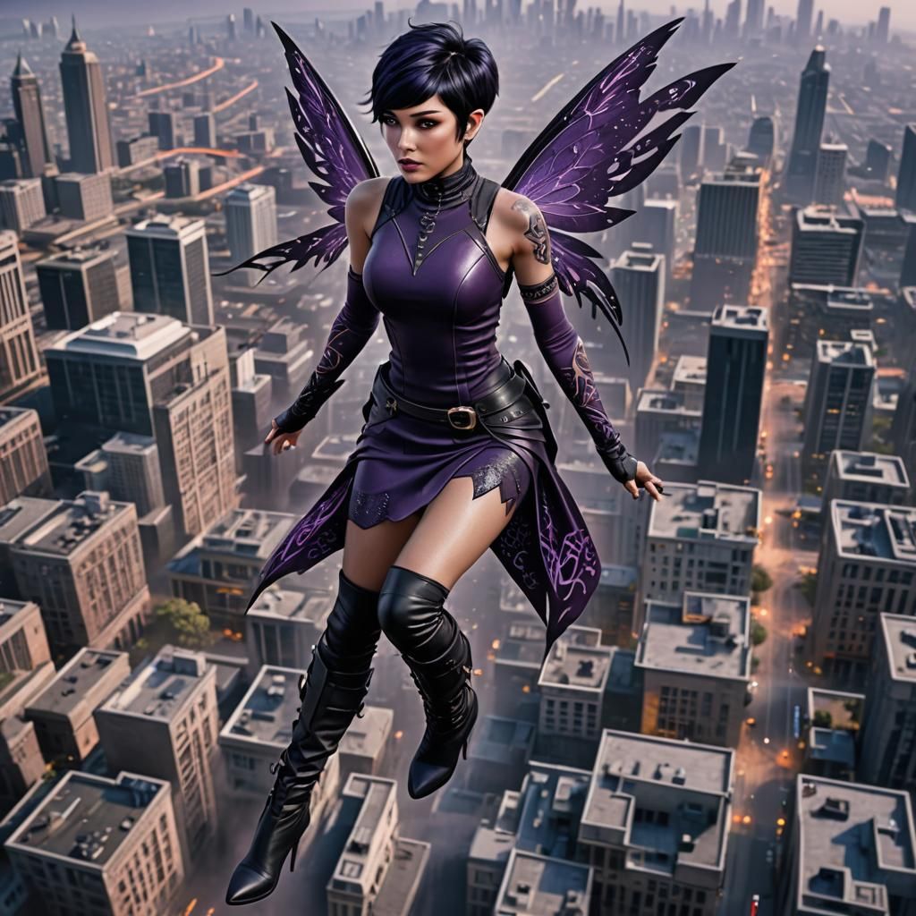 Fairy with Tribal Tattoos Flies Over City