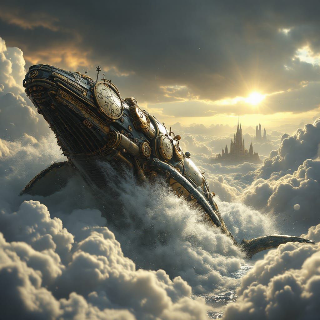 Steampunk Whale Breaches Cloud Sea Near Sky-City