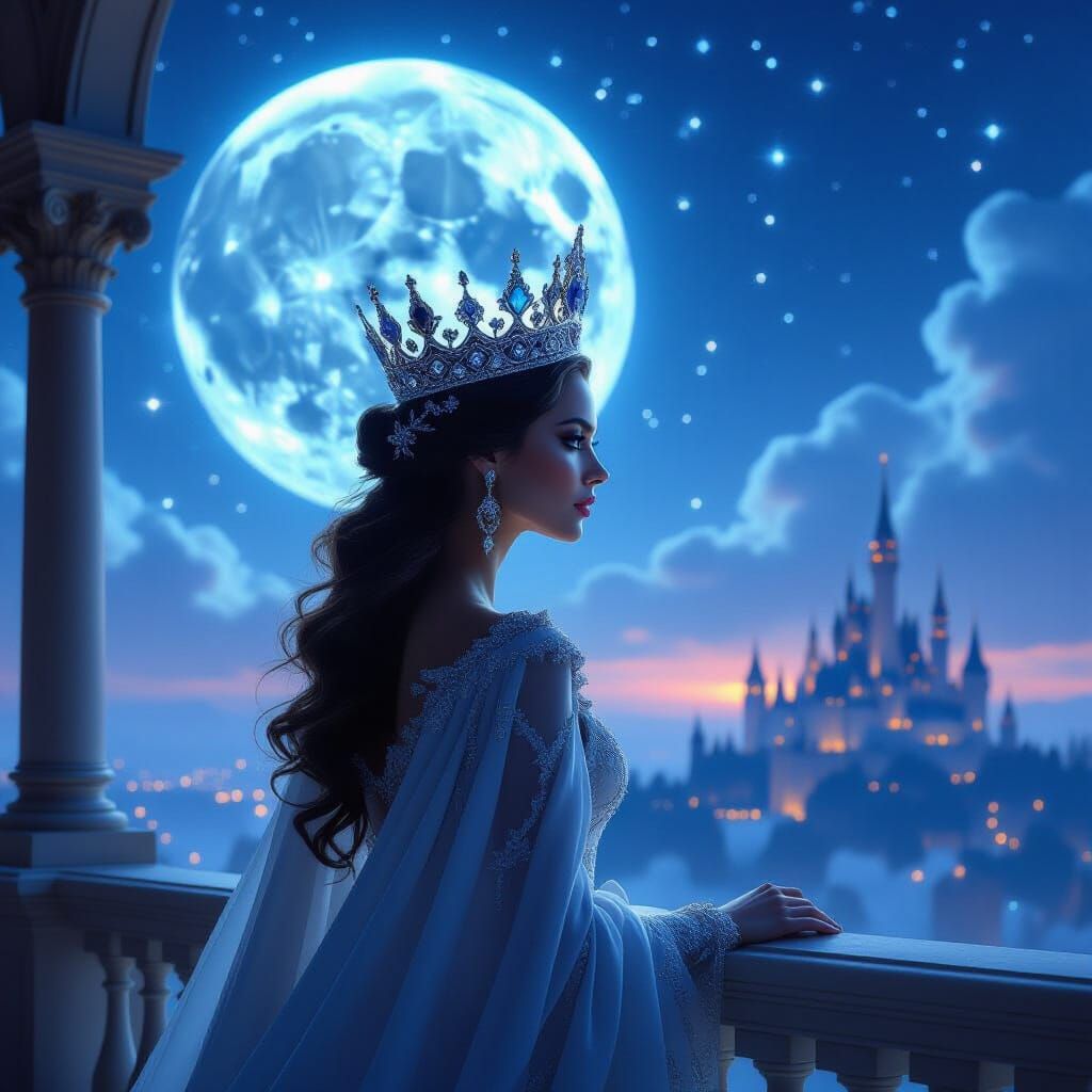 Regal Queen with Moonlight Crown Overlooking Cosmic Kingdom