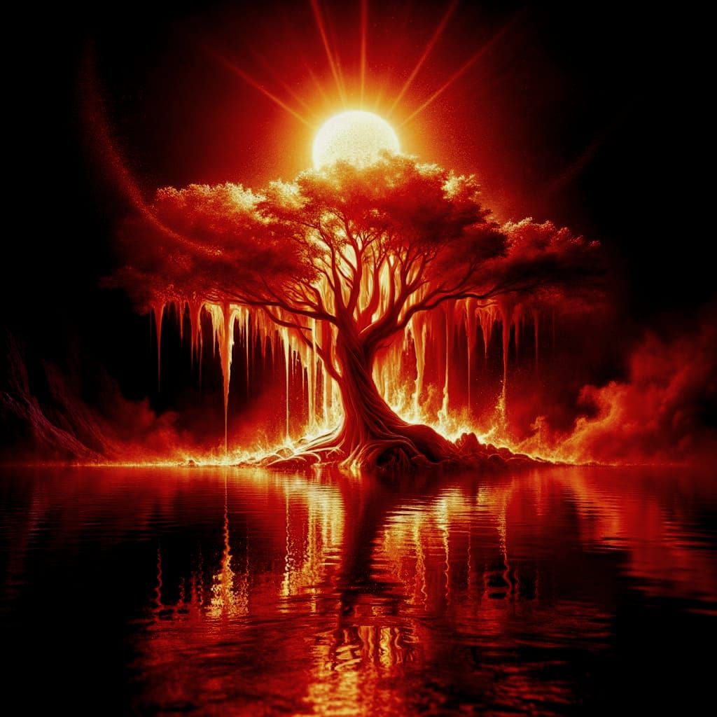 Surreal Landscape of Melting Tree and Luminous Lake