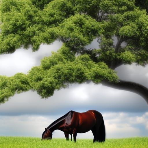 Horse Resting Under Tree Gazing at Clouds