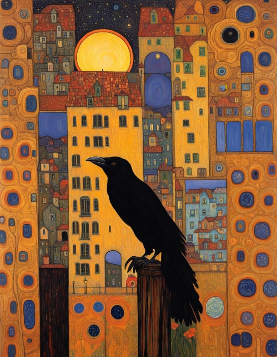 Ornate Raven in Klimt and Hundertwasser Style