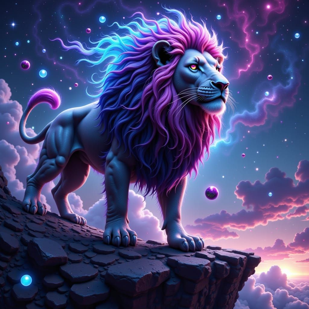 Majestic Starry Lion Overlooking Nebula in Digital Painting