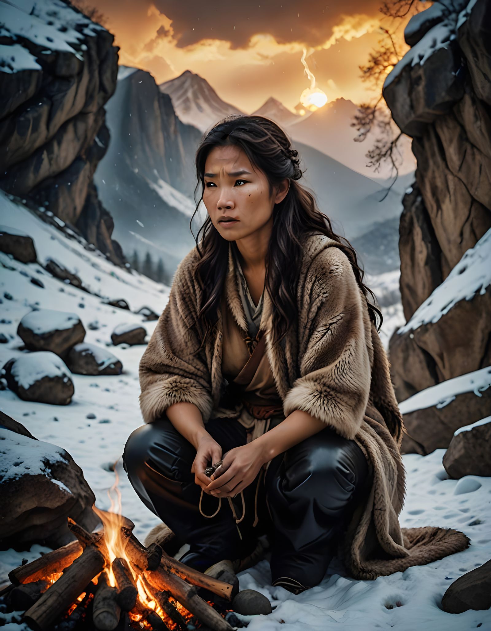 Primitive Woman Finds Solace by the Thunderstorm Campfire