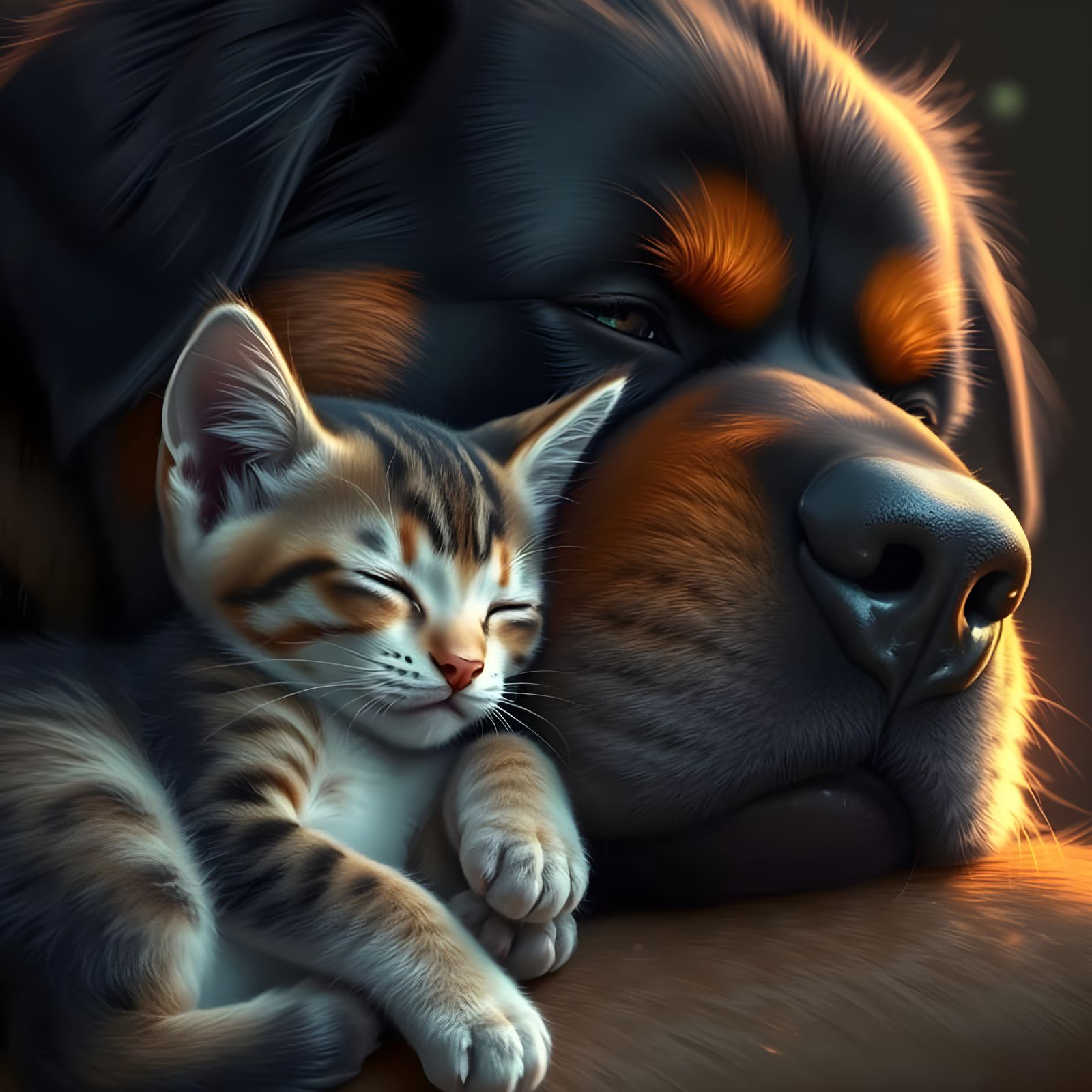 Surreal Portrait of Kitten and Rottweiler in Vibrant Triadic...