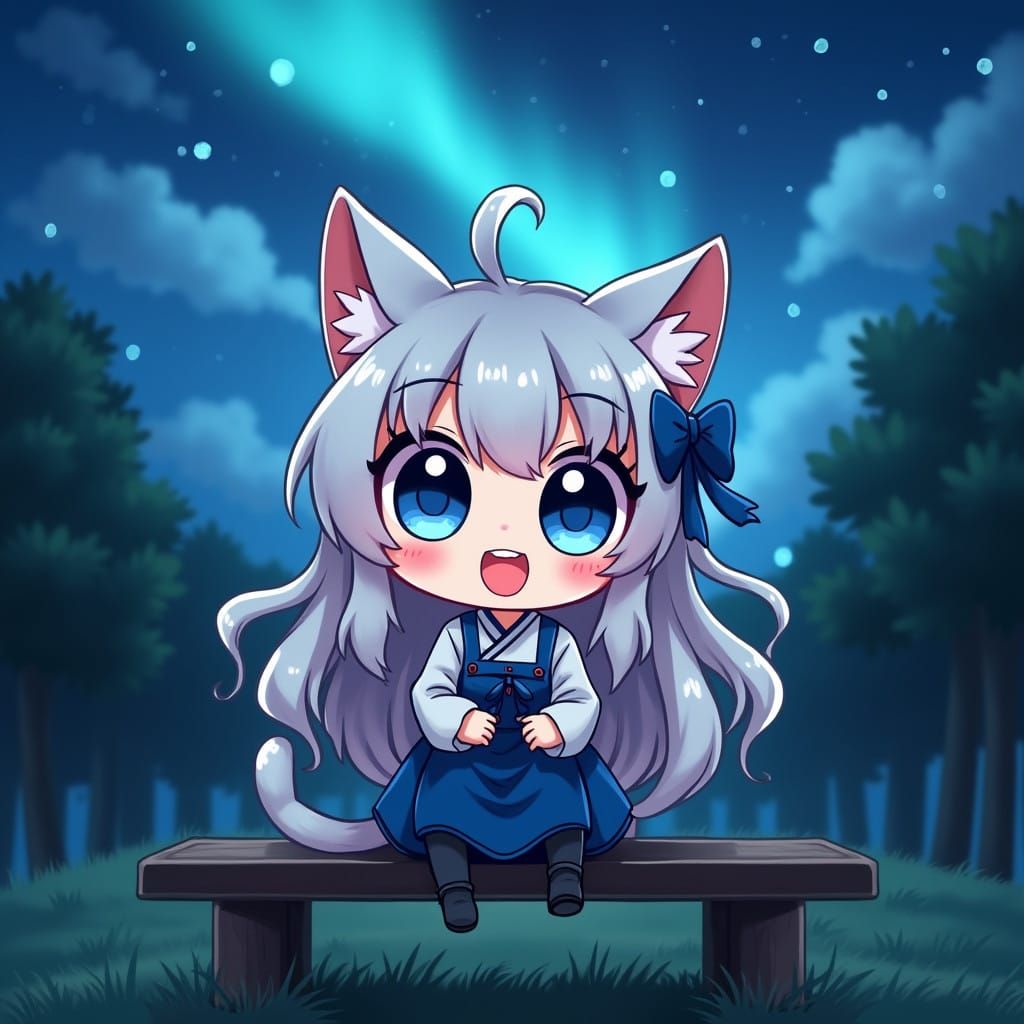 Adorable Chibi Catgirl Enjoys Nighttime in Nature