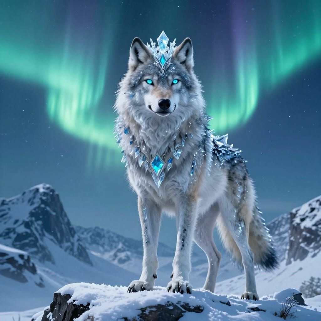Winter Wolf Queen Under Aurora Borealis