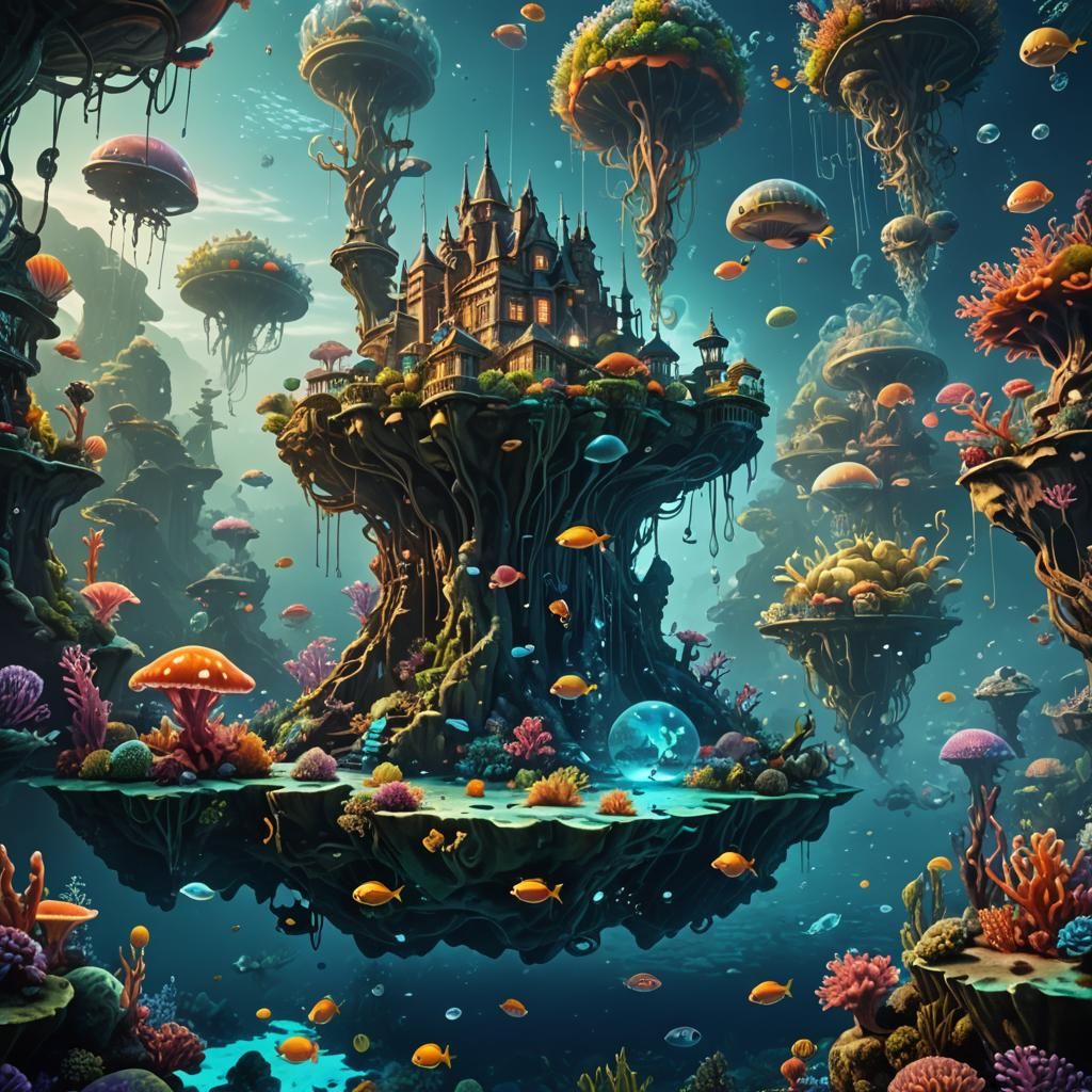 Surrealism style: A surreal underwater world with floating i...