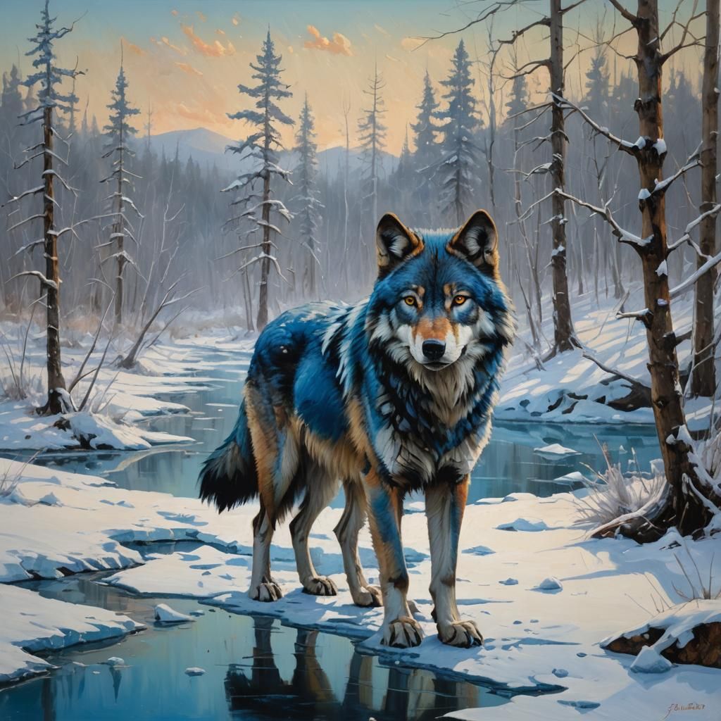 Blue Wolf in Frozen Landscape: Oil Painting