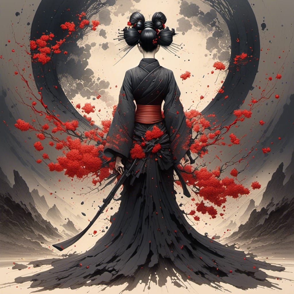 Geisha with Crimson Ink in Japanese Style