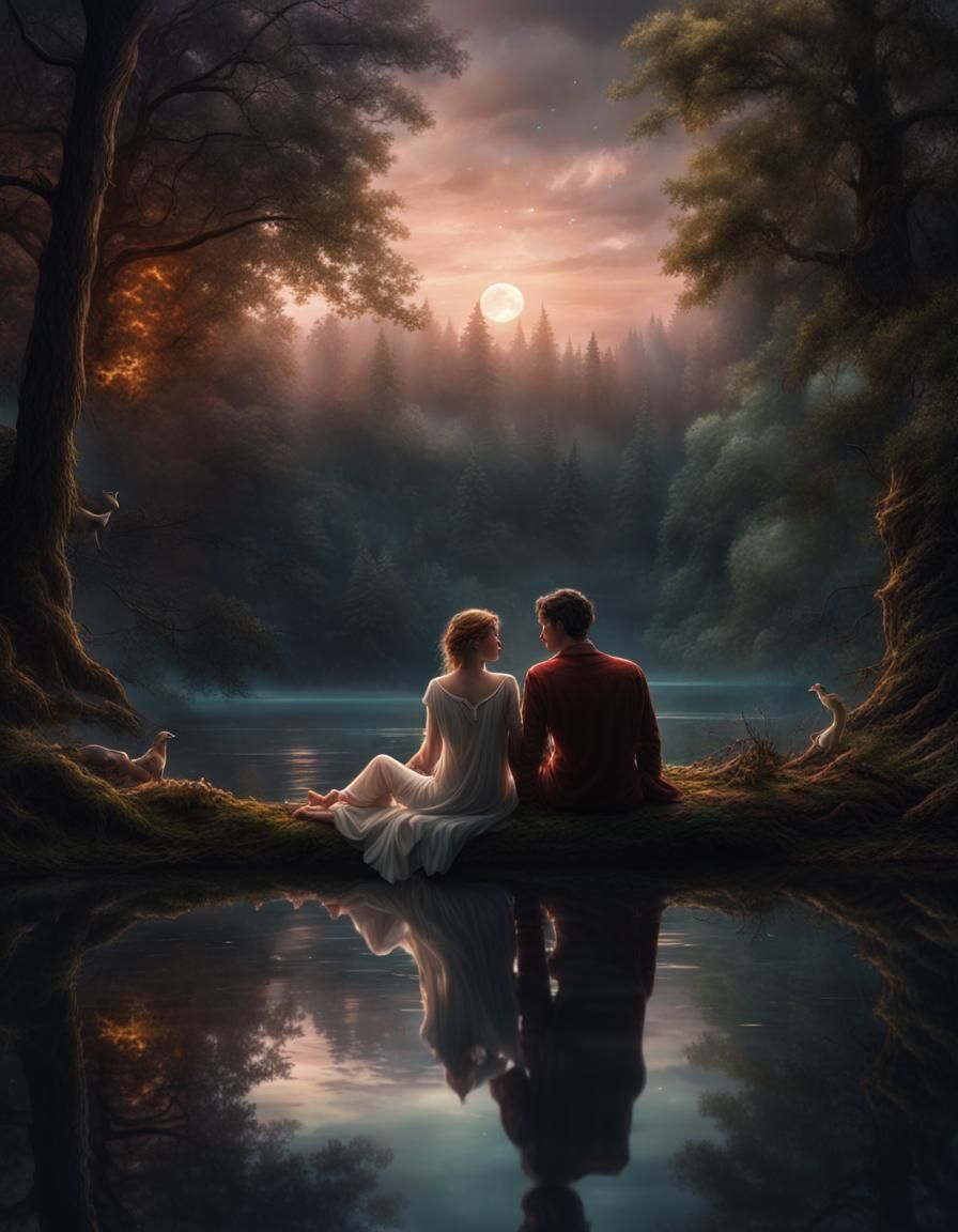 Angels and Love by Forest Lake at Night