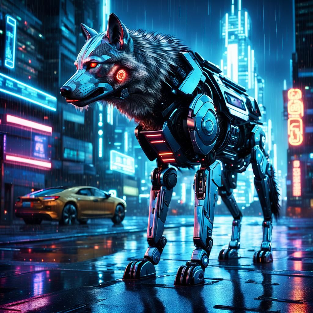 Robot Wolf in a Futuristic Cityscape