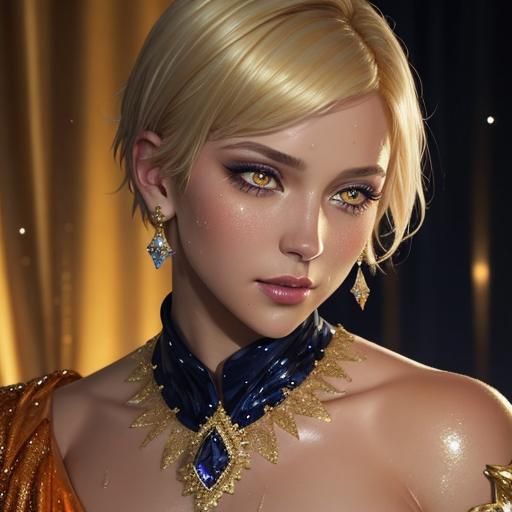 Woman in Gold Dress with Sapphire Earring