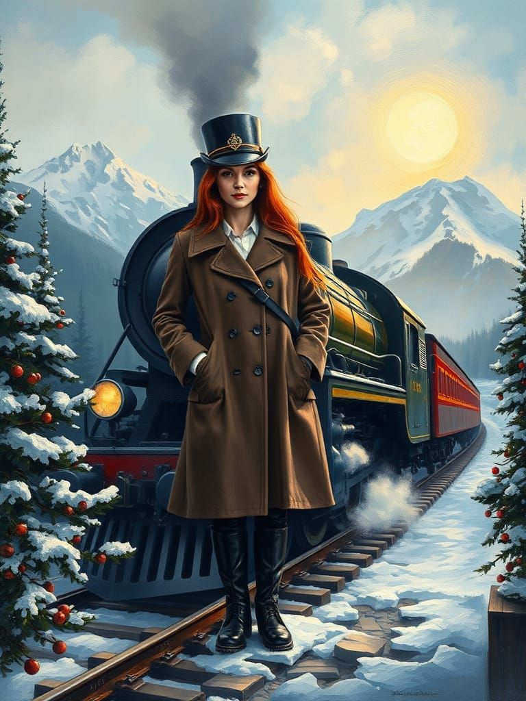 Proud Lady Conductor on Steam Train, in Expressionist Style