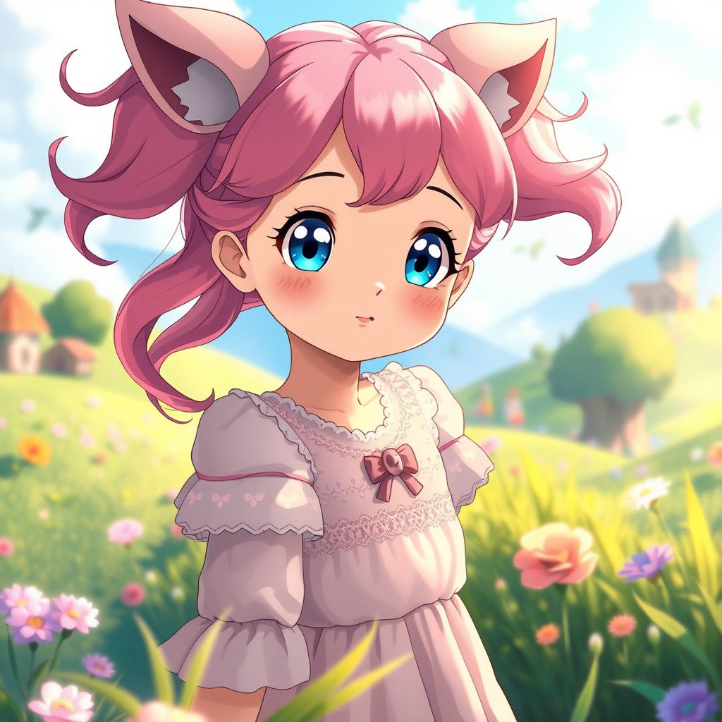Pink-Haired Girl with Jigglypuff Ears in Anime Style