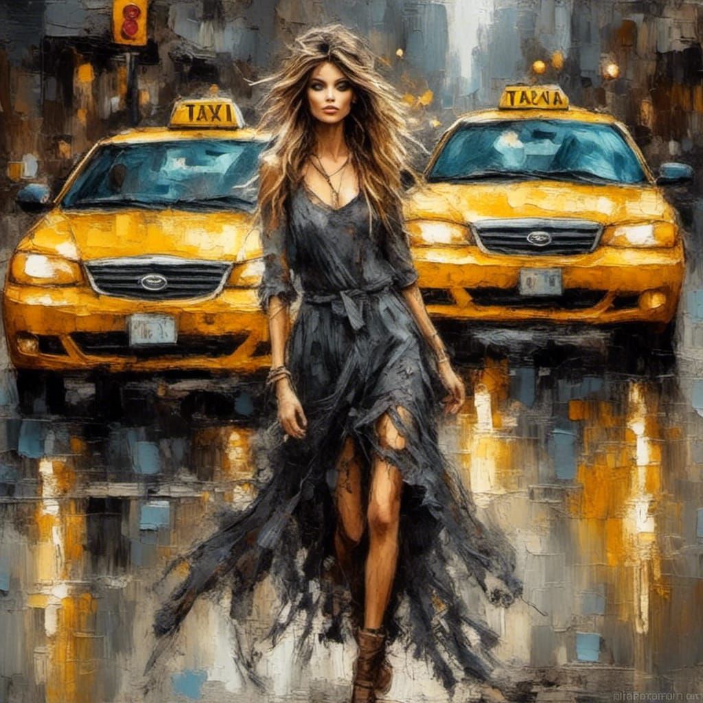 Grunge Rebel Stepping Out of Taxi, Antique Watercolor