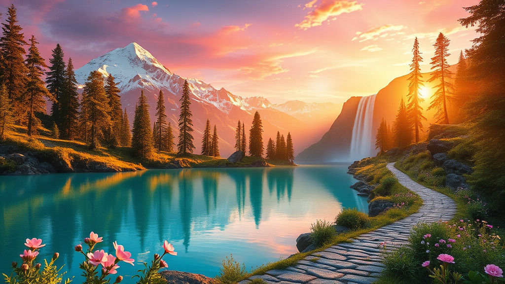 Sunrise Over Serene Mountain Lake Landscape