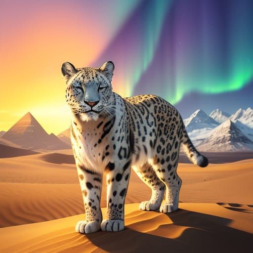 Surrealistic Desert Snow Leopard Portrait with Pyramid and S...