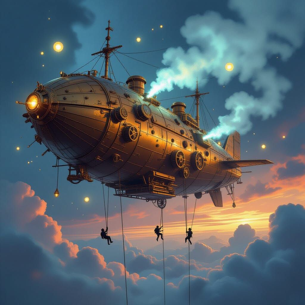 Steampunk Airship Wreckage in Stormy Twilight Sky
