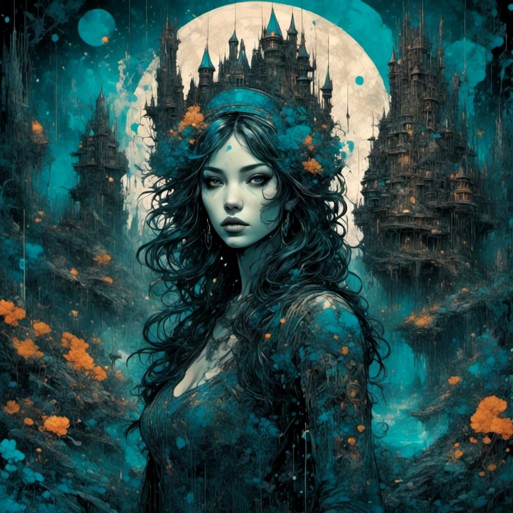 Futuristic Princess in Dark Forest, Grunge Poster Art