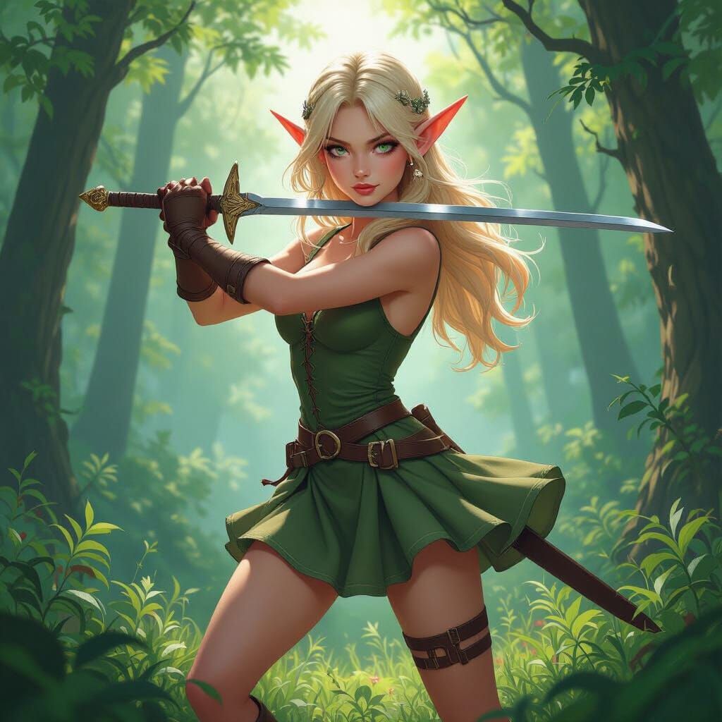 Blonde Elf Warrior in Lush Forest, Seductive Glance
