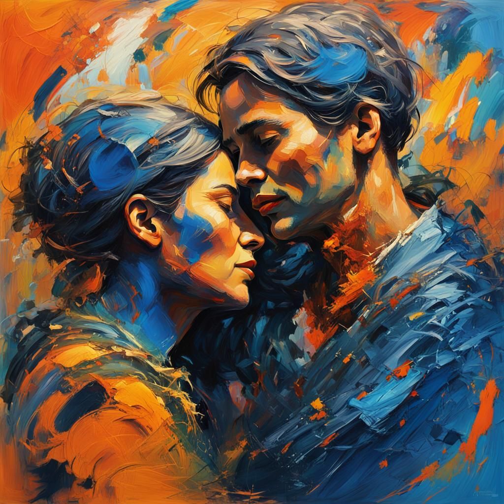 Emotive Abstract Expressionism of Embracing Figures