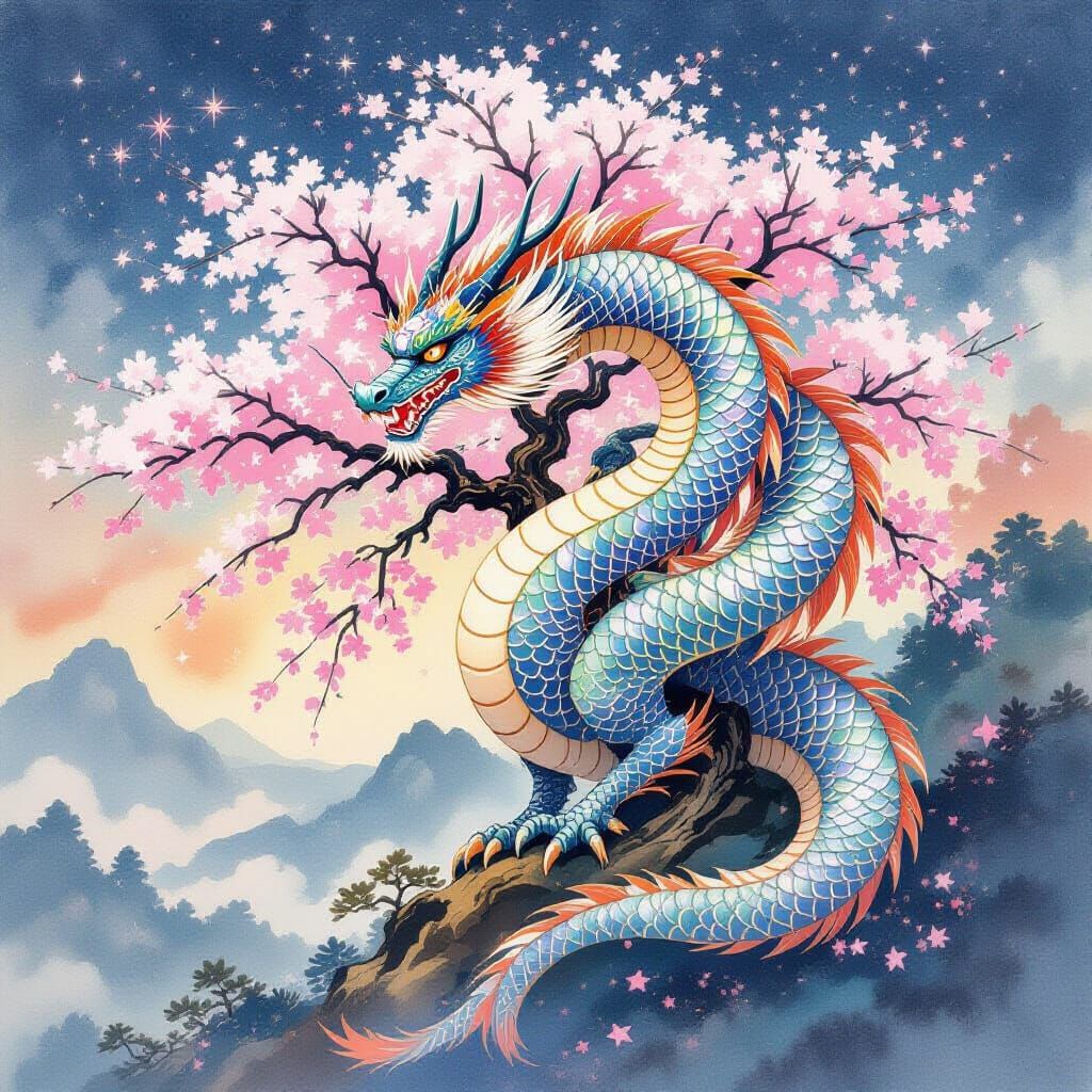 Cosmic Dragon Coiled Around Sakura Tree