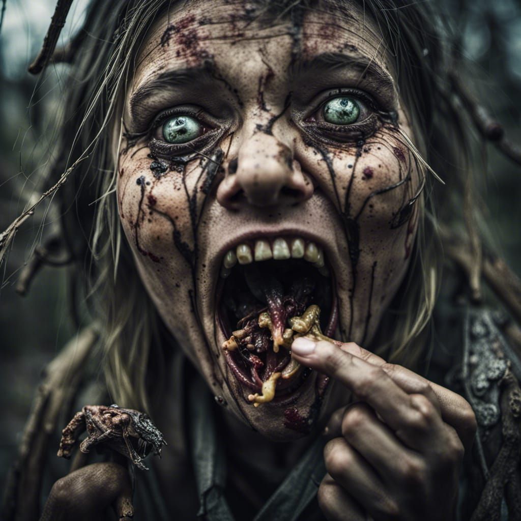 Young Witch Eats Rotten Salad in Swamp