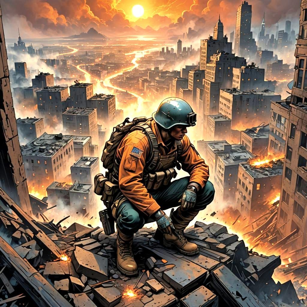 Soldier Watches Burning City in Comic Book Style