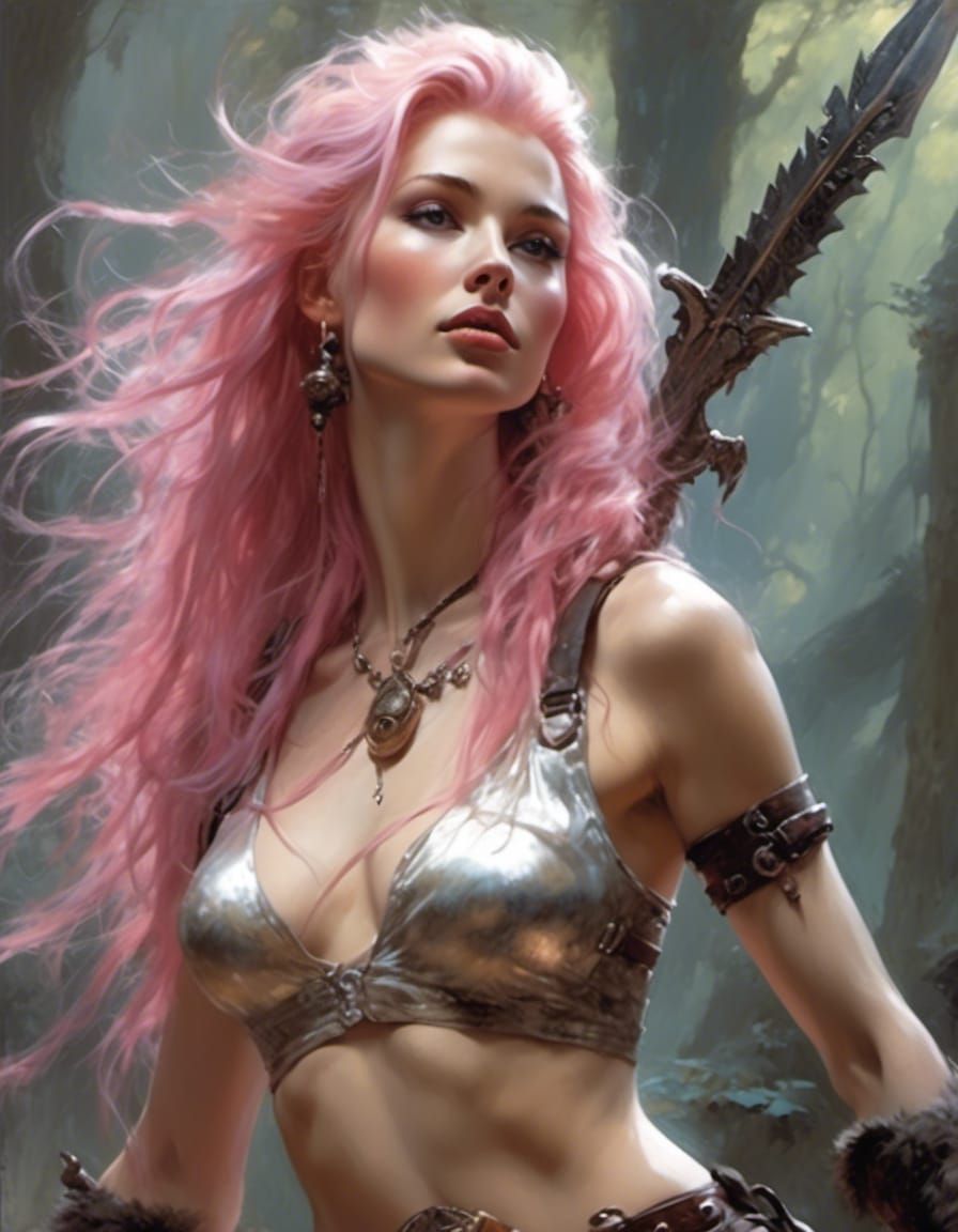 A gorgeous fit attractive alluring female punk warrior with long pink hair with pale skin
