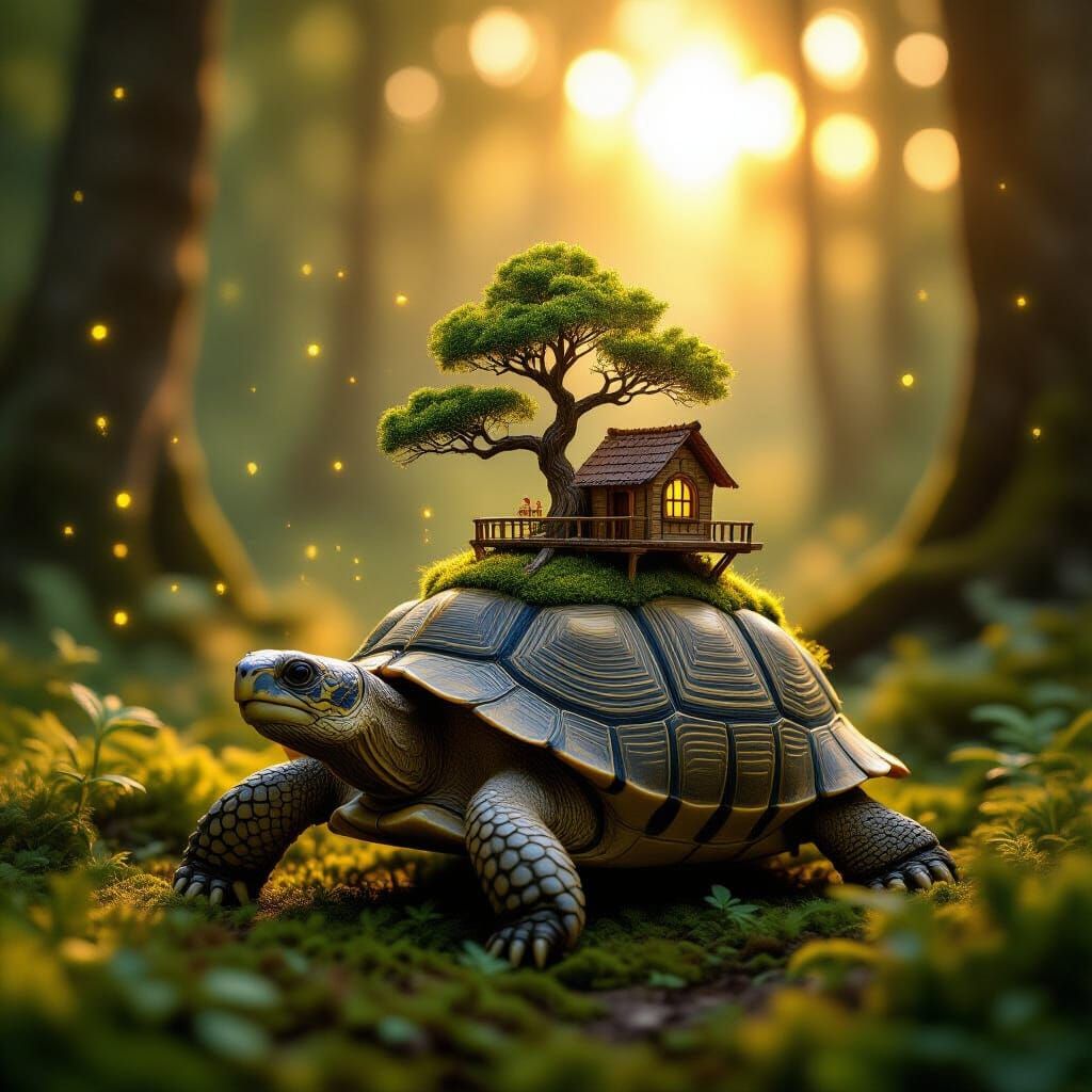 Enchanted Forest Clearing with Giant Tortoise Treehouse