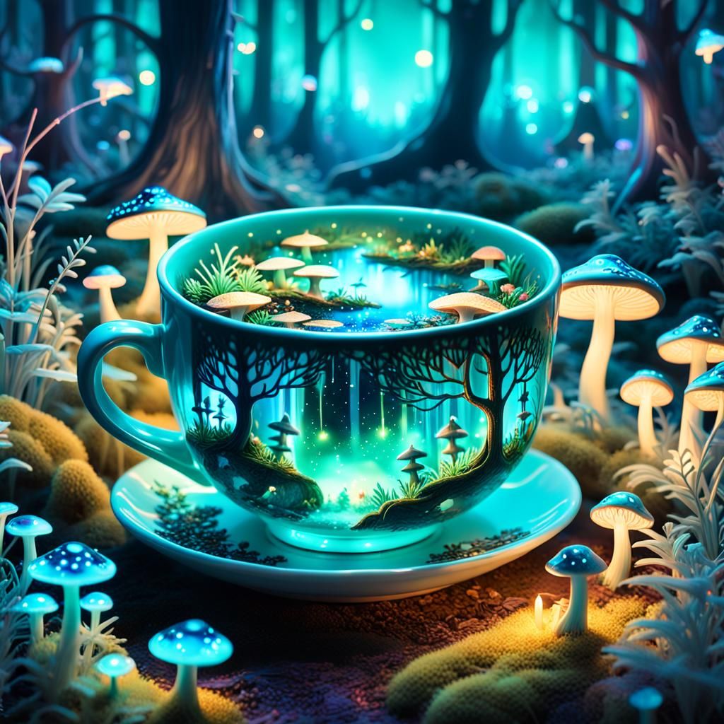 Teacup Forest Scene: A Surreal Digital Illustration