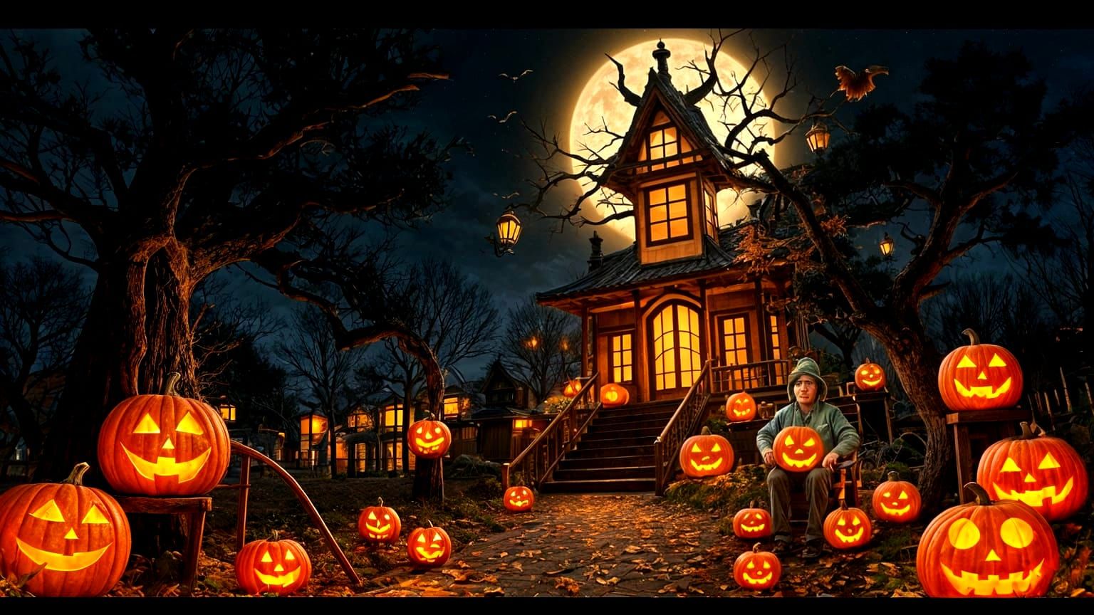 Leaf Art Halloween Scene in Japanese Style