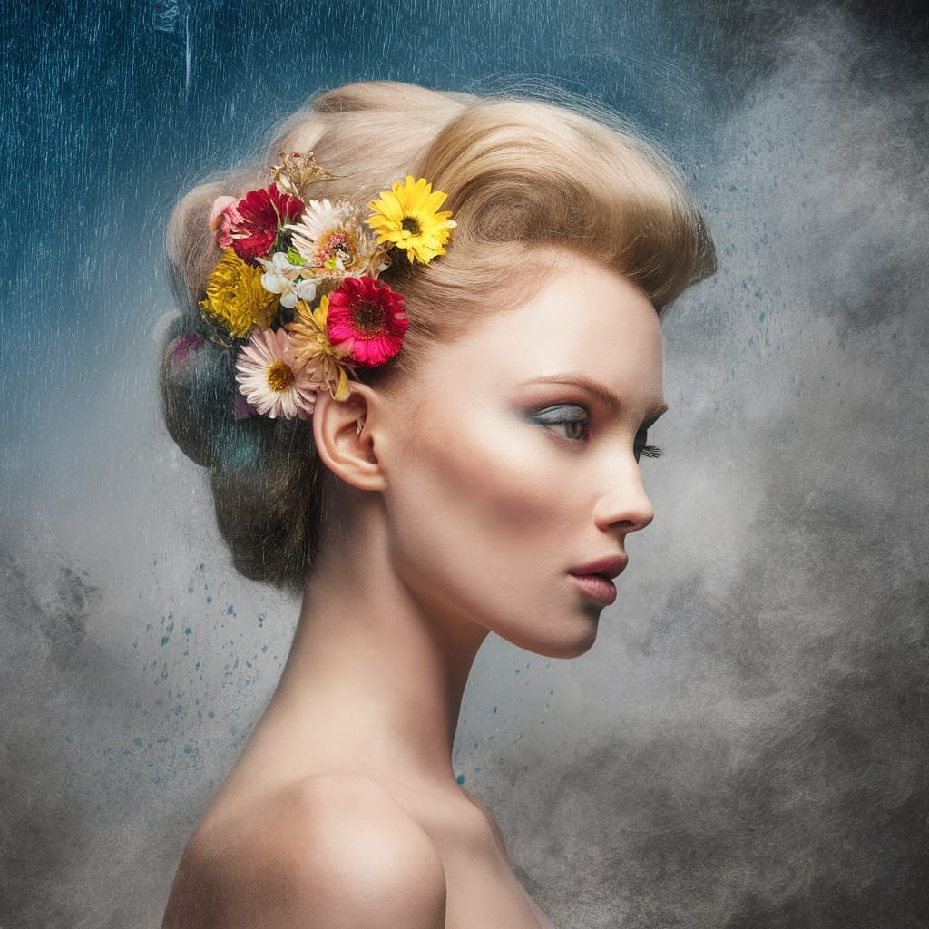 Ethereal Woman Portrait with Colorful Floral Hair