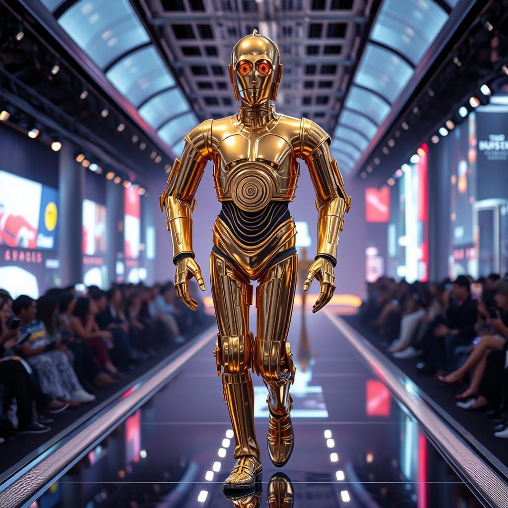 C-3PO on Catwalk in Futuristic High-Fashion Style