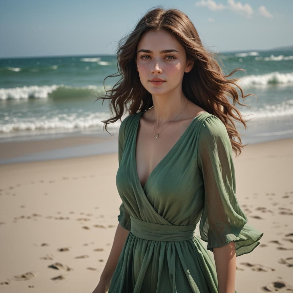 Brunette Woman in Green Dress on Beach