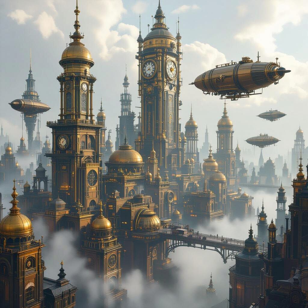 Steampunk Metropolis with Airships in Dramatic Light