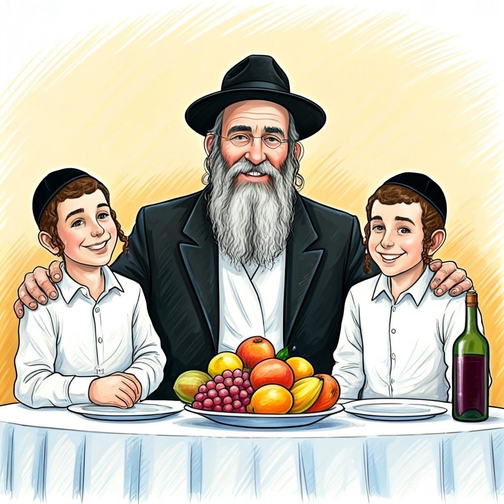 Joyful Hasidic Family Gathered Around a Colorful Feast