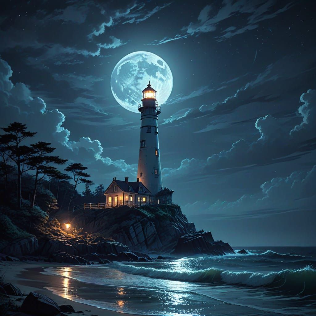 Cyberpunk Lighthouse Illuminates the Darkened Night Sky
