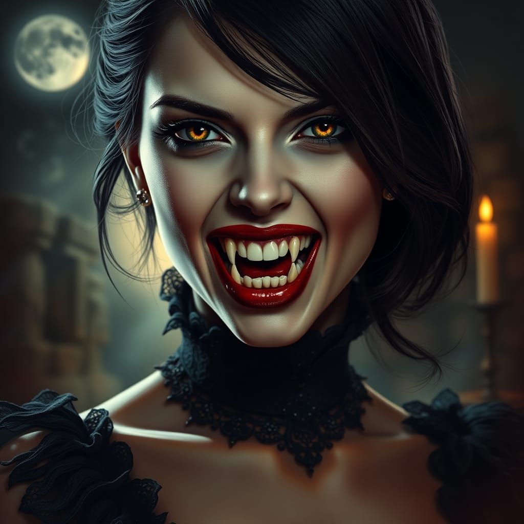 Hyper-realistic portrait of a vampire baring her fangs, her eyes glowing with an otherworldly hunger. Pale, flawless ski...