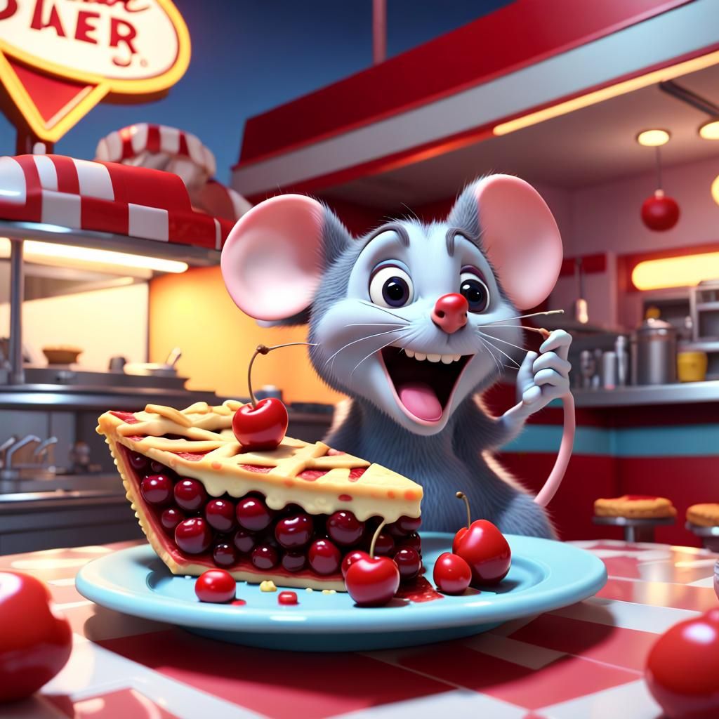 Mouse Eating Pie in Diner, Pixar Style 3D Art
