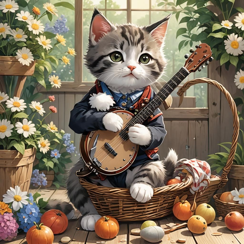 Kitten Plays Banjo in Anime Style