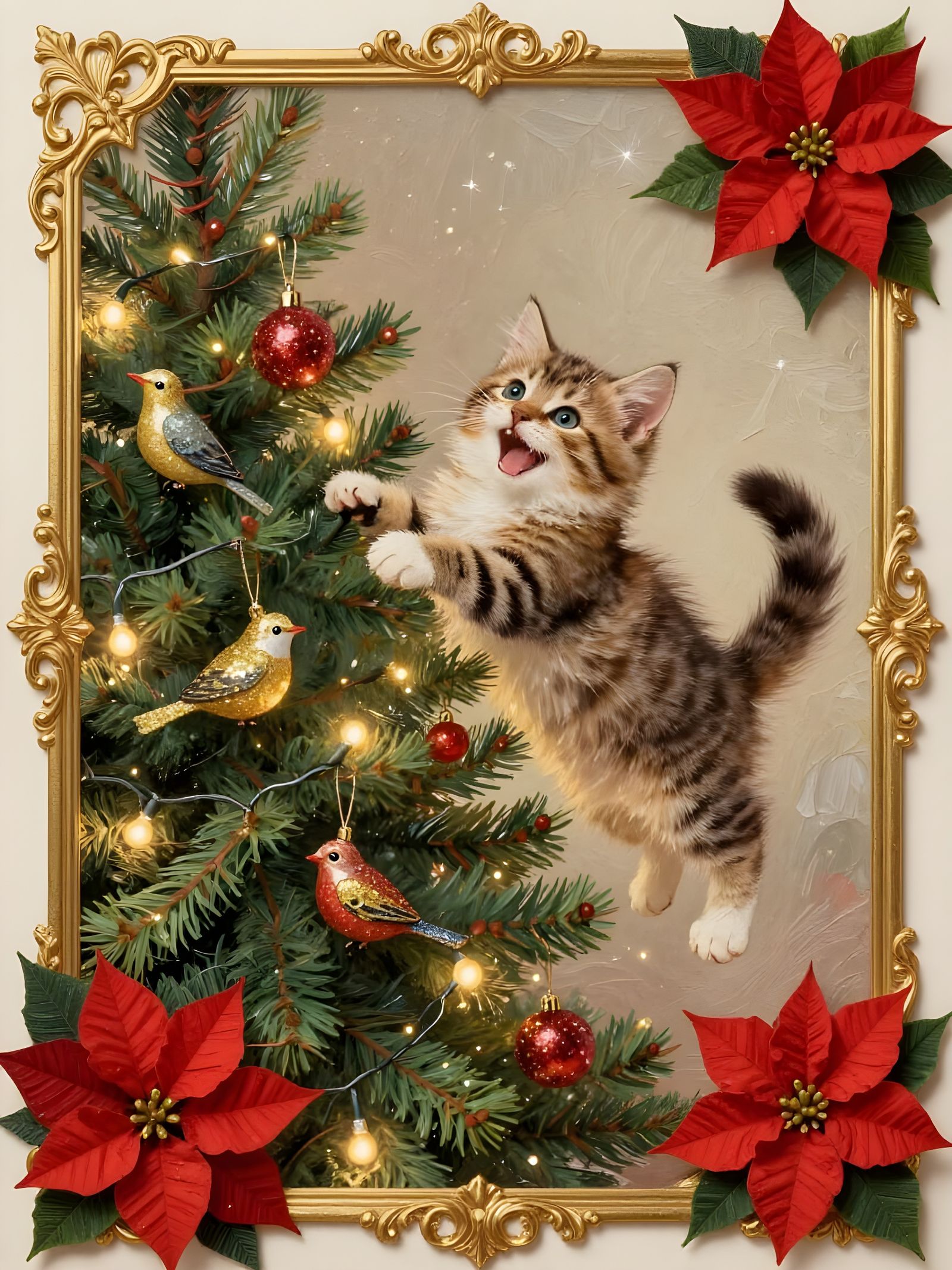 Victorian Kitten Leaps into Christmas Tree Card Art