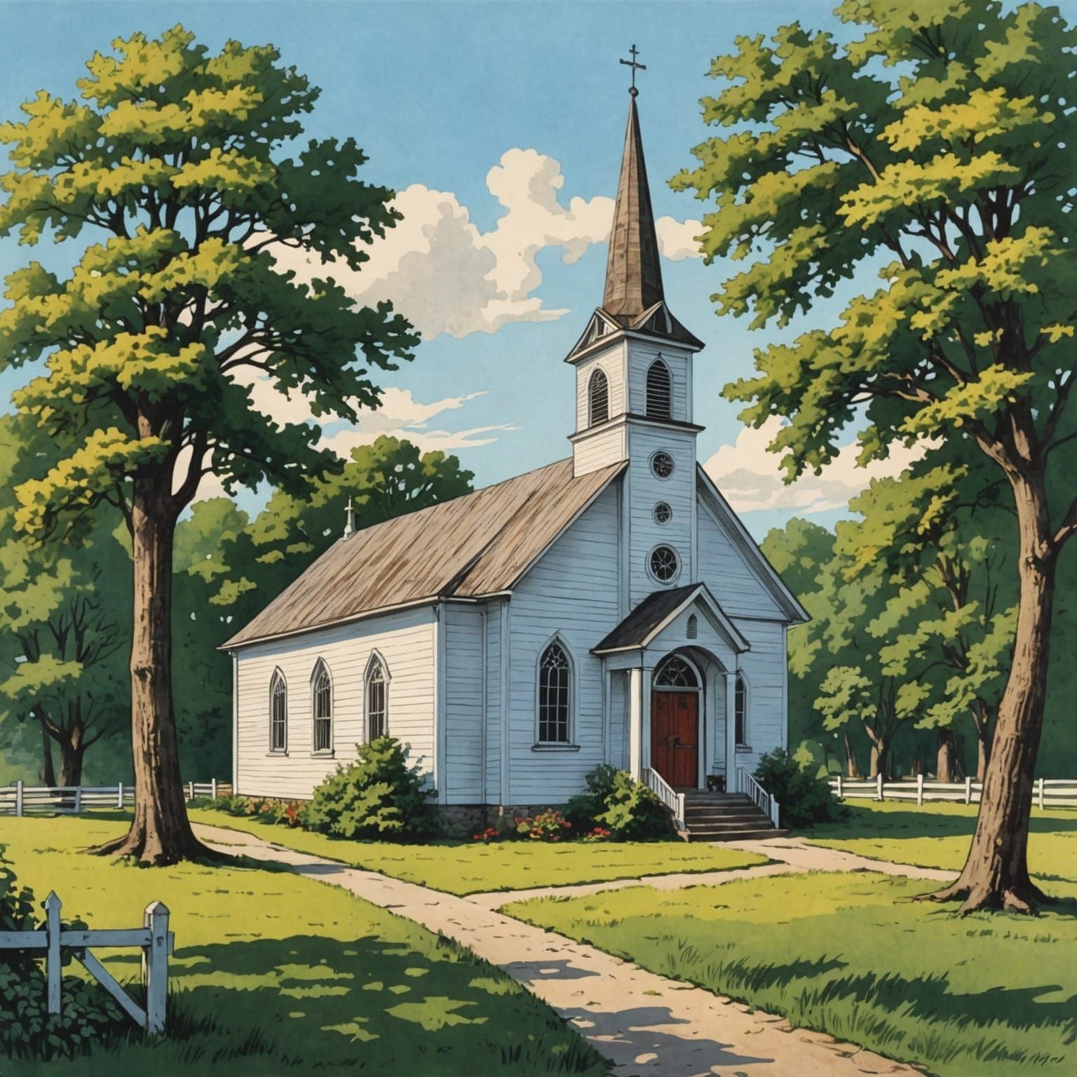 Color Drawing of a Small Country Church